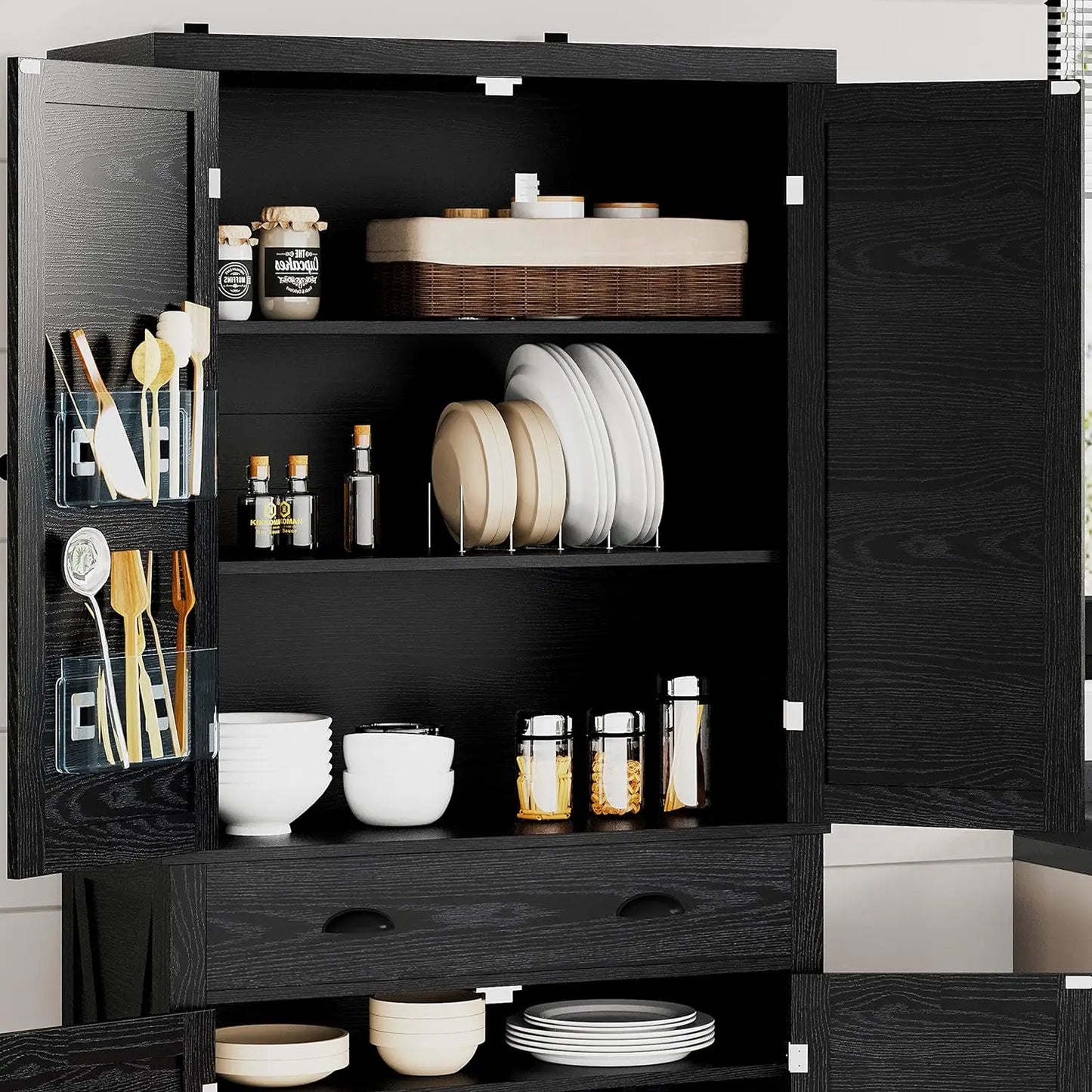 Kitchen Pantry Storage Cabinet 72", with Barn Style Doors, Drawer, 3 Adjustable Shelves, Freestanding Cupboard, Black