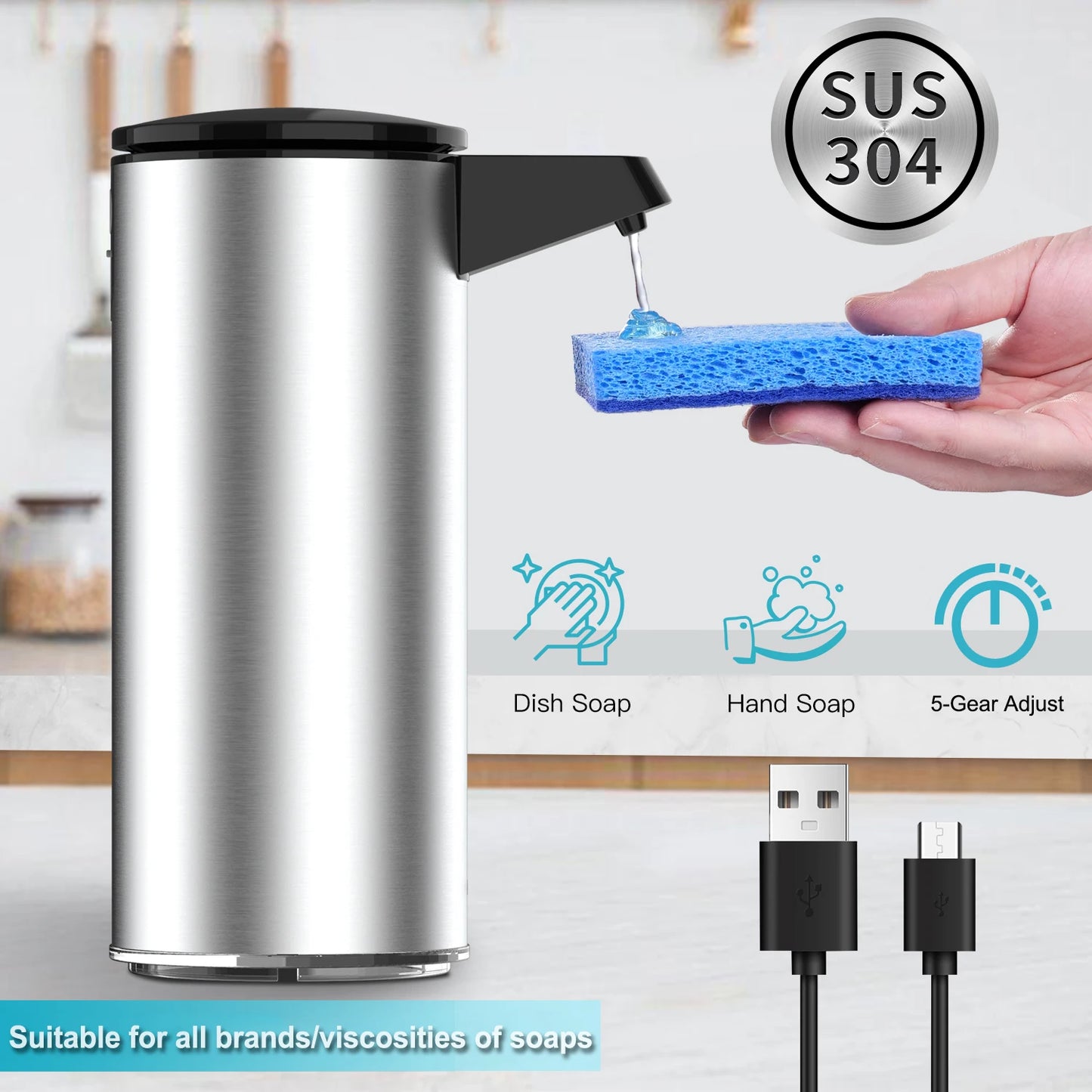 Stainless Steel Automatic Soap Dispenser with Built-In Lithium Battery & Type-C Charging Port for Kitchen Detergent & Bathroom Hand Soap