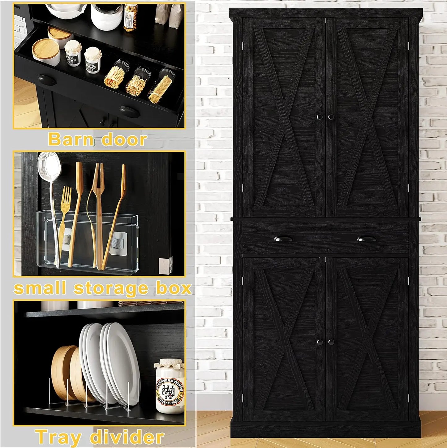 Kitchen Pantry Storage Cabinet 72", with Barn Style Doors, Drawer, 3 Adjustable Shelves, Freestanding Cupboard, Black