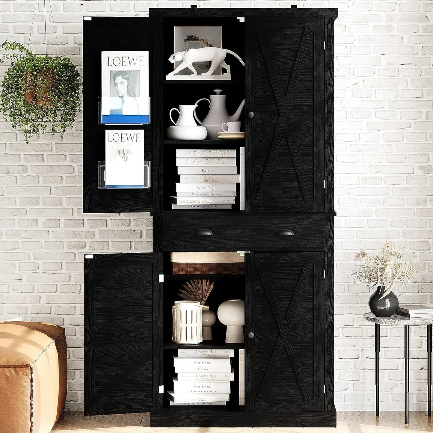 Kitchen Pantry Storage Cabinet 72", with Barn Style Doors, Drawer, 3 Adjustable Shelves, Freestanding Cupboard, Black