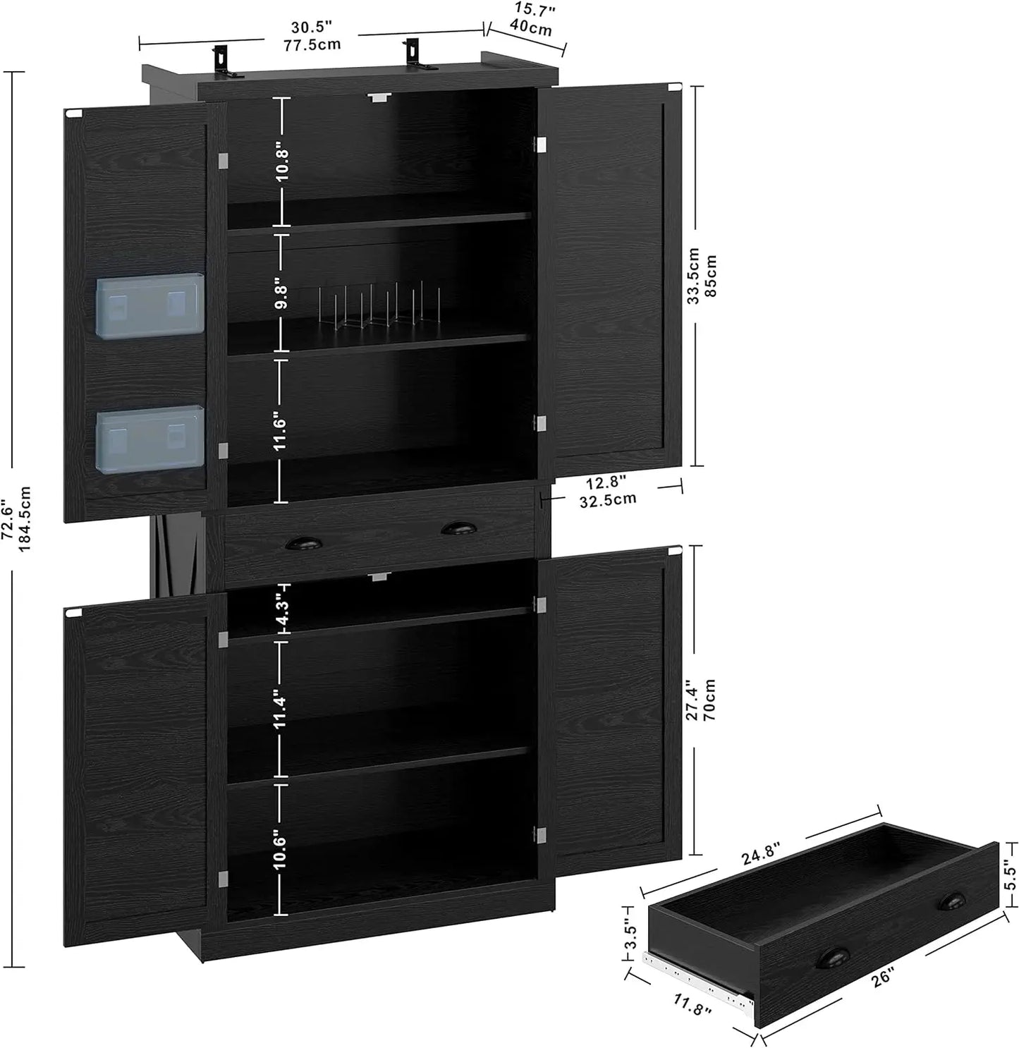 Kitchen Pantry Storage Cabinet 72", with Barn Style Doors, Drawer, 3 Adjustable Shelves, Freestanding Cupboard, Black