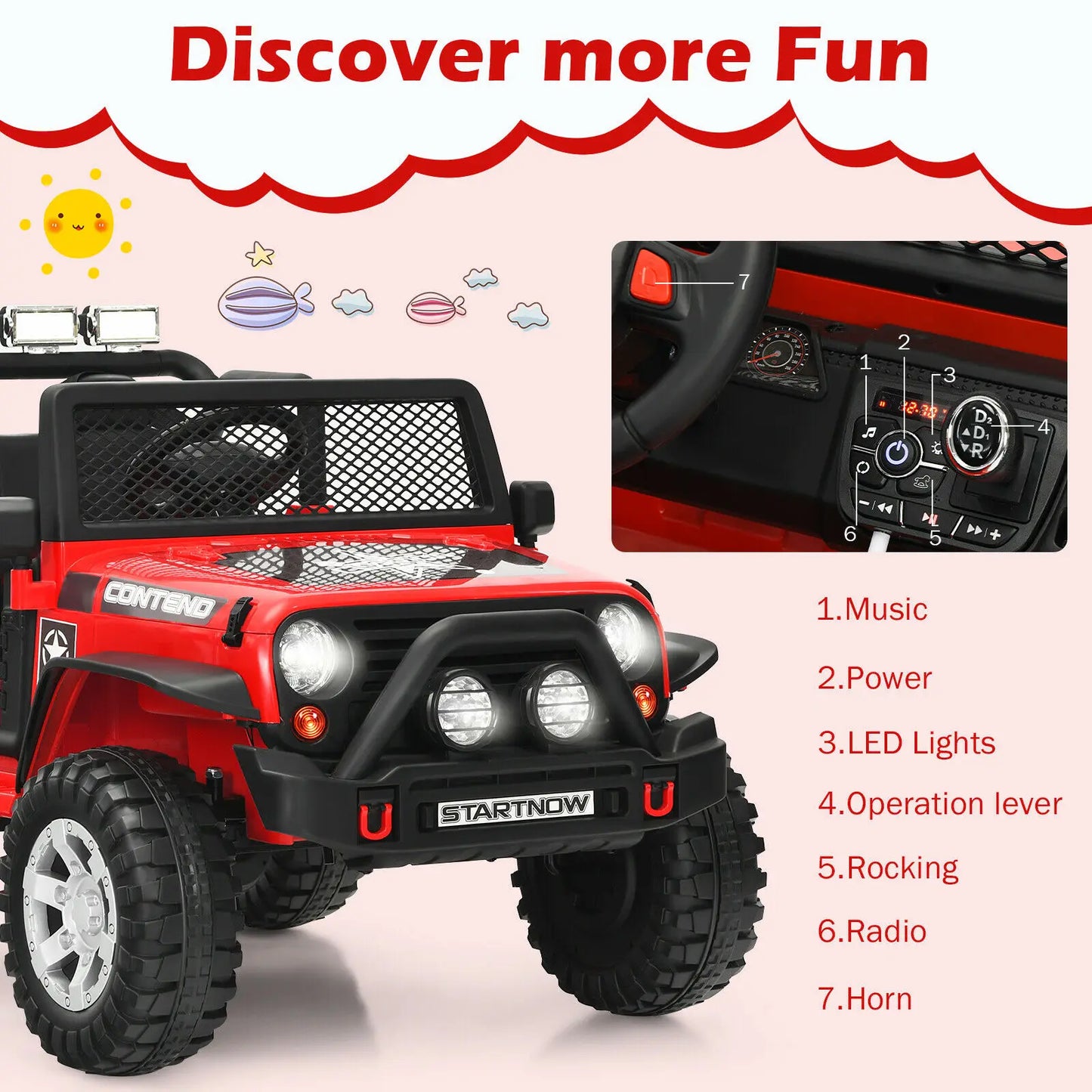 Offroad Jeep Style Electric 12v Kids Ride On with Remote Control, Accelerator Pedal, Media Center, 2 Forward Speeds & Reverse