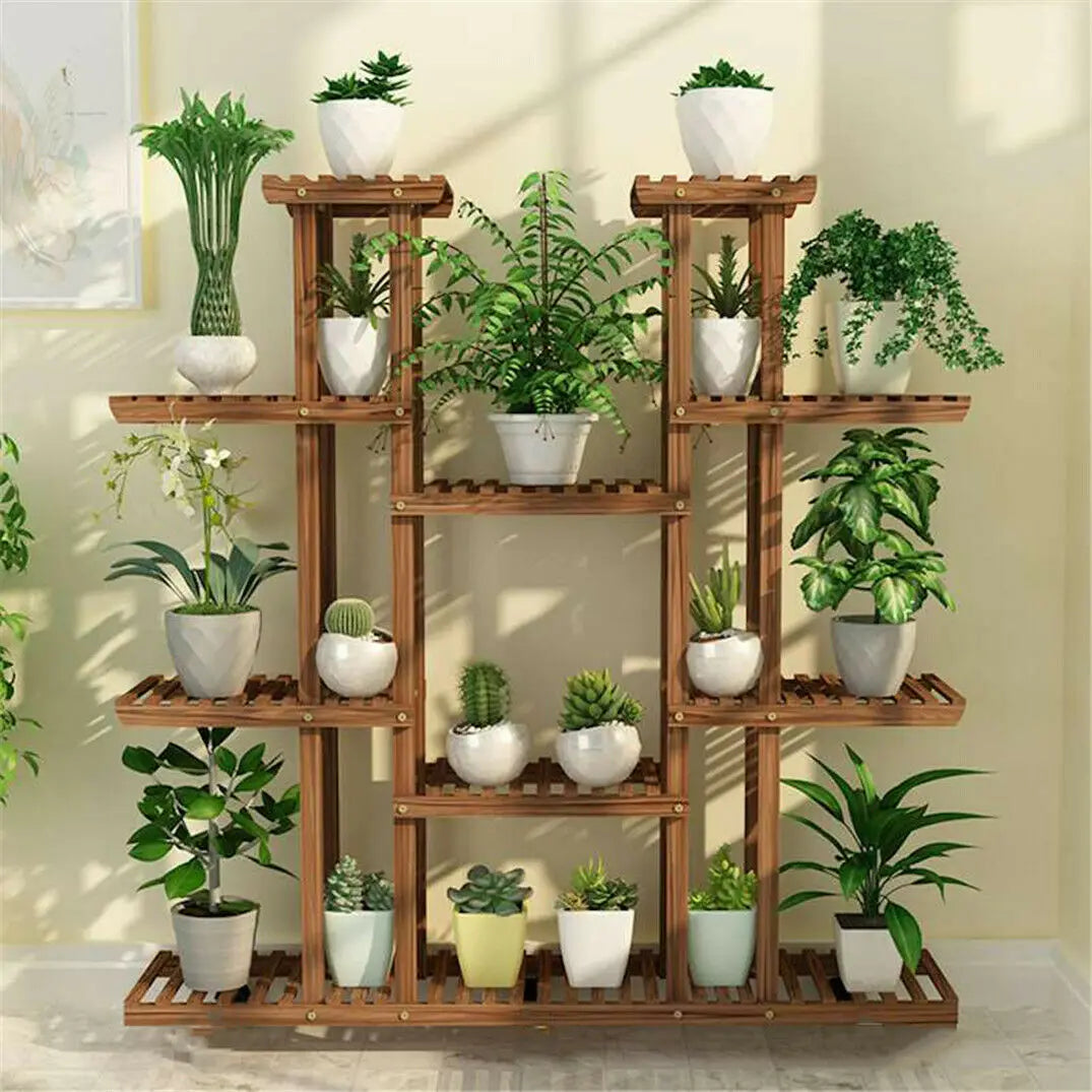 Multi-Tier Natural Pine Wood Display Stand, 46" Tall, Use Indoors or Outdoors for Potted Flowers & Plants