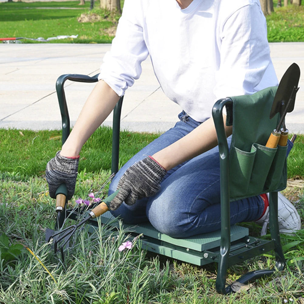 Portable Garden Kneeler / Padded Seat Stool with Tool Pouch, Folds Flat for Carrying & Storage