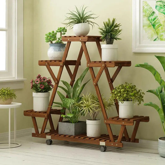 Triangular 6 Tiered Shelves Pinewood Plant/Flower Pot Stand with Wheels, Indoor or Outdoor