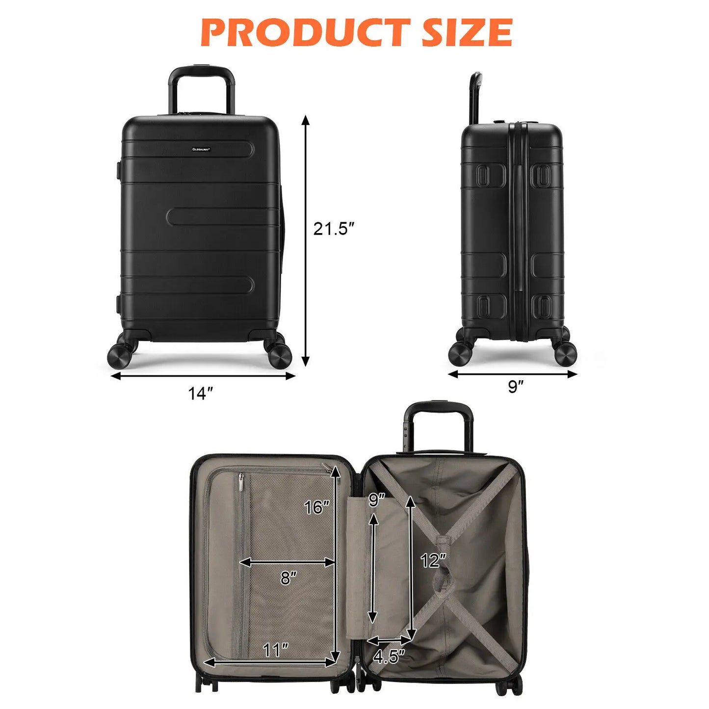 Hardside Expandable 20" Suitcase with 4 Double Wheels & TSA Lock, Black