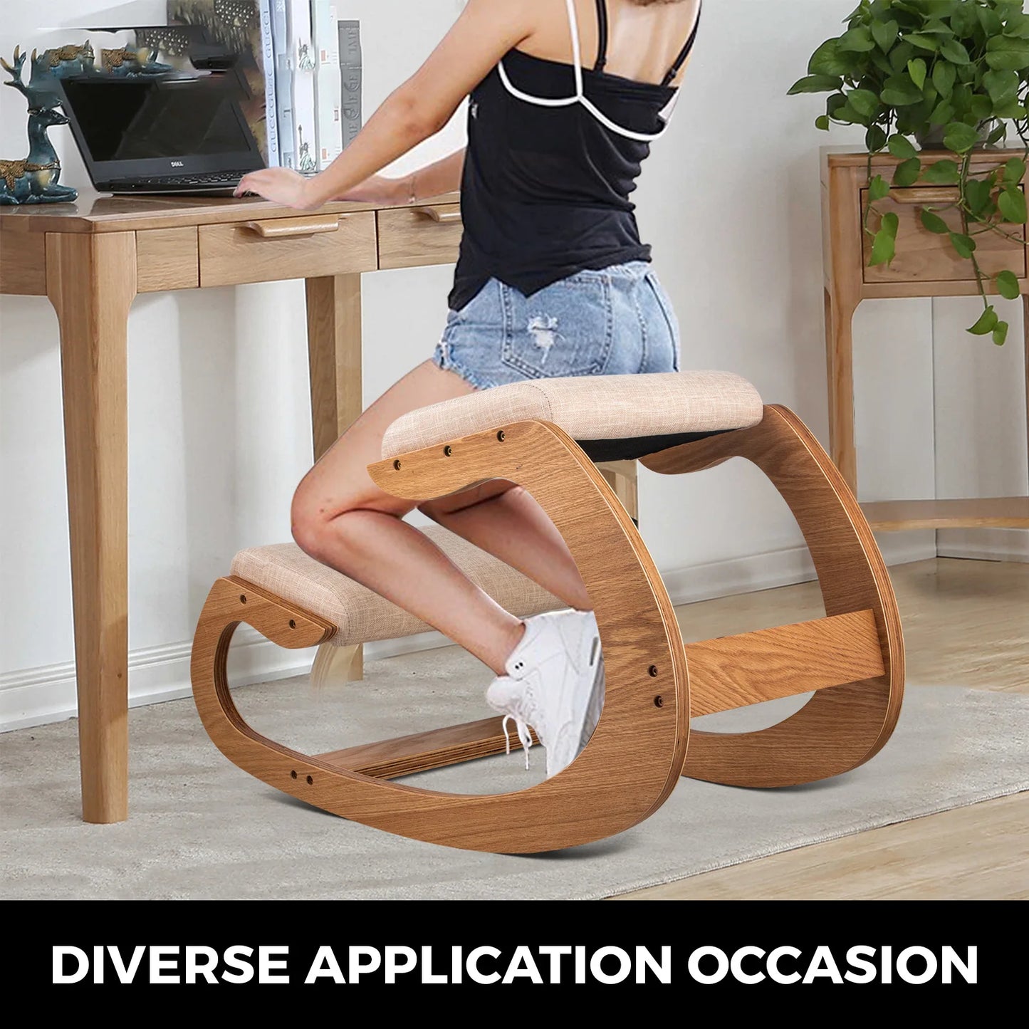 Kneeling Wood Chair/Stool, Rocking Computer Chair with Thick Cushions, Reduces Pressure on Spine & Shins