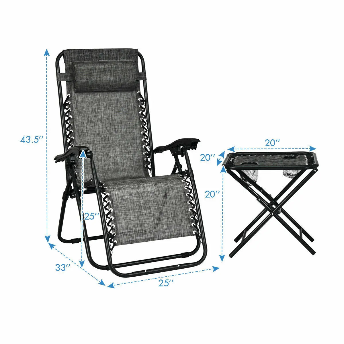 Outdoor Zero Gravity Reclining Lounge Chair 2pcs and 1 Table, Head Pillows, Foldable