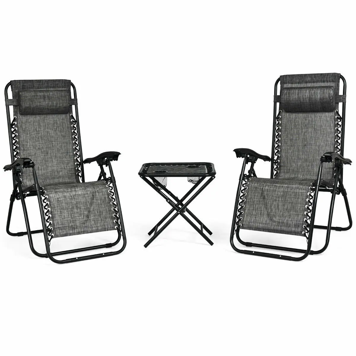 Outdoor Zero Gravity Reclining Lounge Chair 2pcs and 1 Table, Head Pillows, Foldable