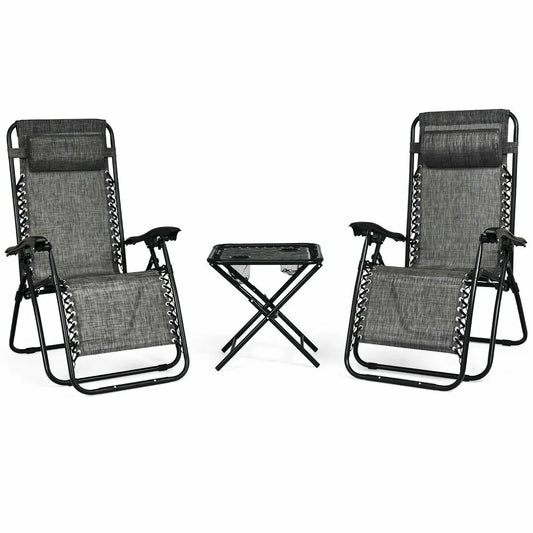 Outdoor Zero Gravity Reclining Lounge Chair 2pcs and 1 Table, Head Pillows, Foldable