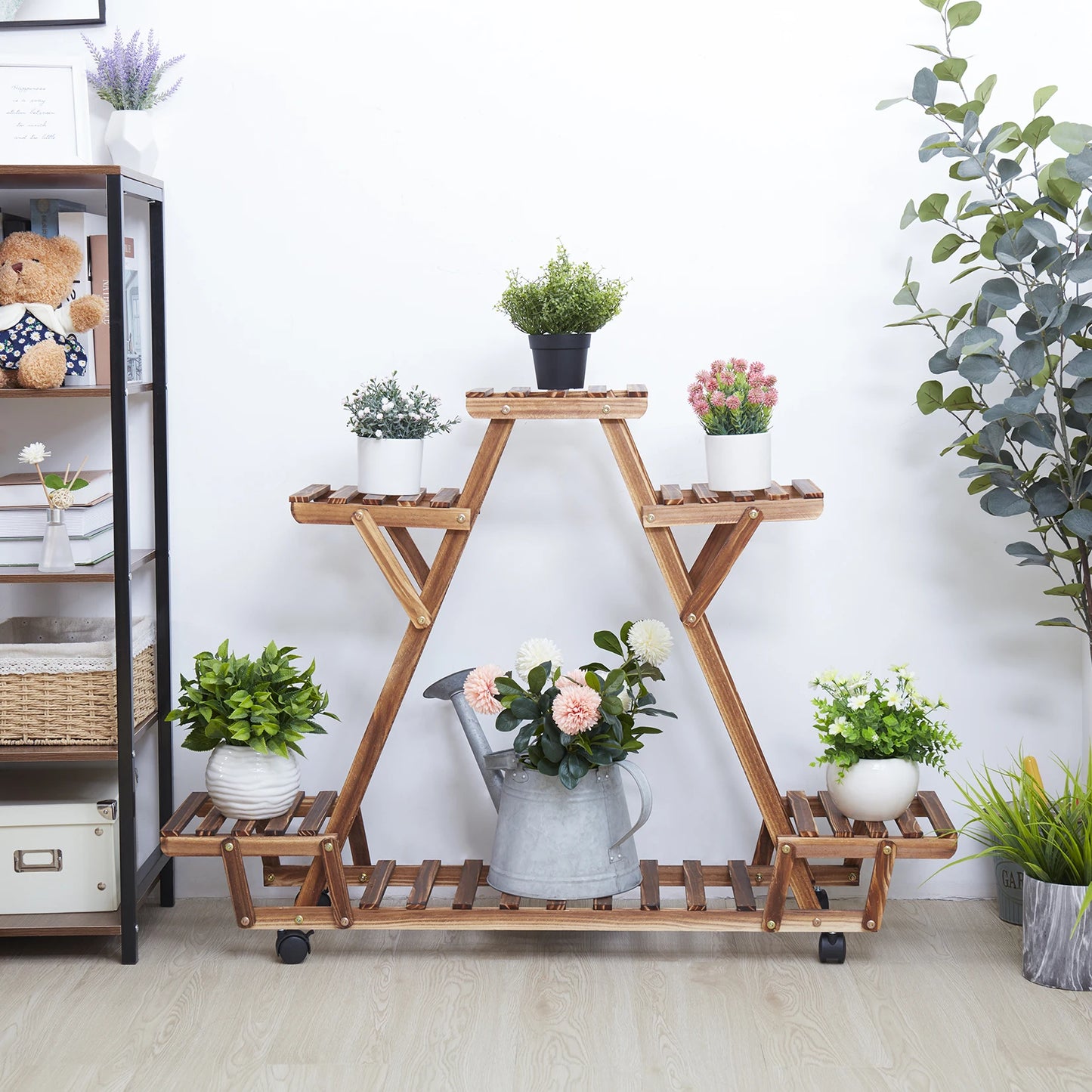 Triangular 6 Tiered Shelves Pinewood Plant/Flower Pot Stand with Wheels, Indoor or Outdoor