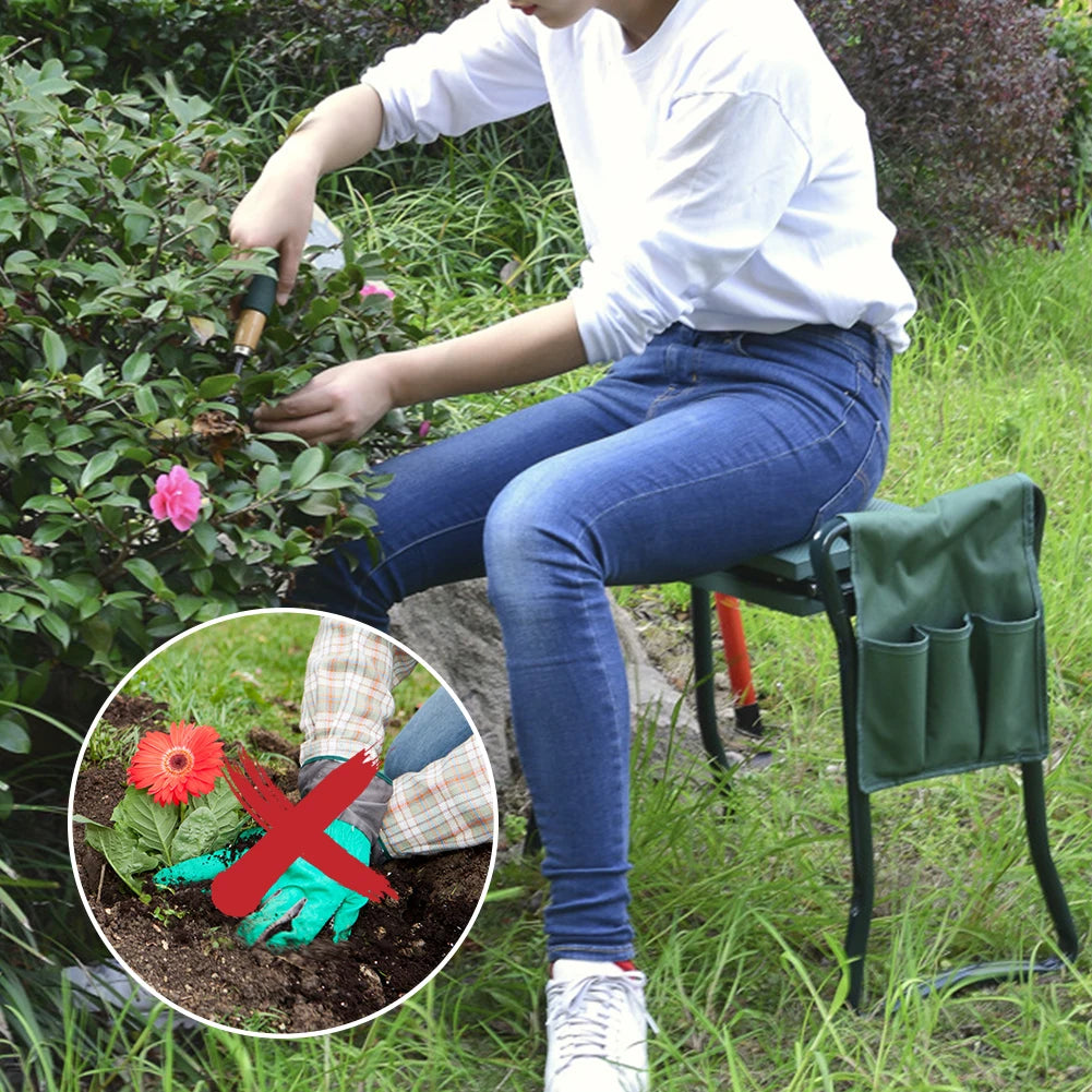 Portable Garden Kneeler / Padded Seat Stool with Tool Pouch, Folds Flat for Carrying & Storage