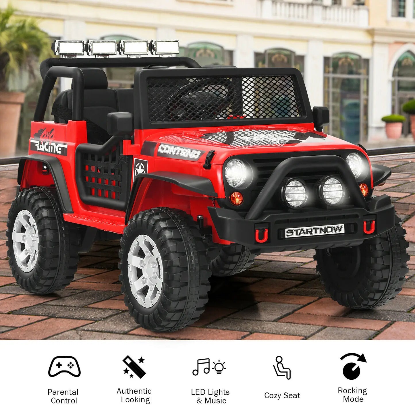 Offroad Jeep Style Electric 12v Kids Ride On with Remote Control, Accelerator Pedal, Media Center, 2 Forward Speeds & Reverse