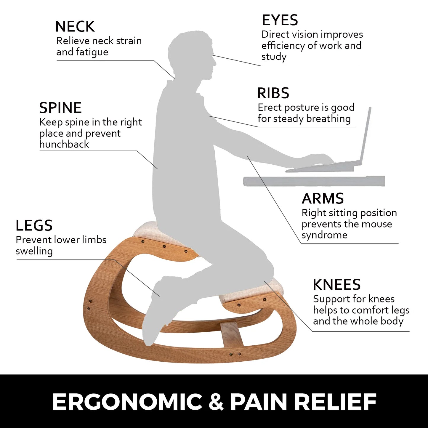 Kneeling Wood Chair/Stool, Rocking Computer Chair with Thick Cushions, Reduces Pressure on Spine & Shins