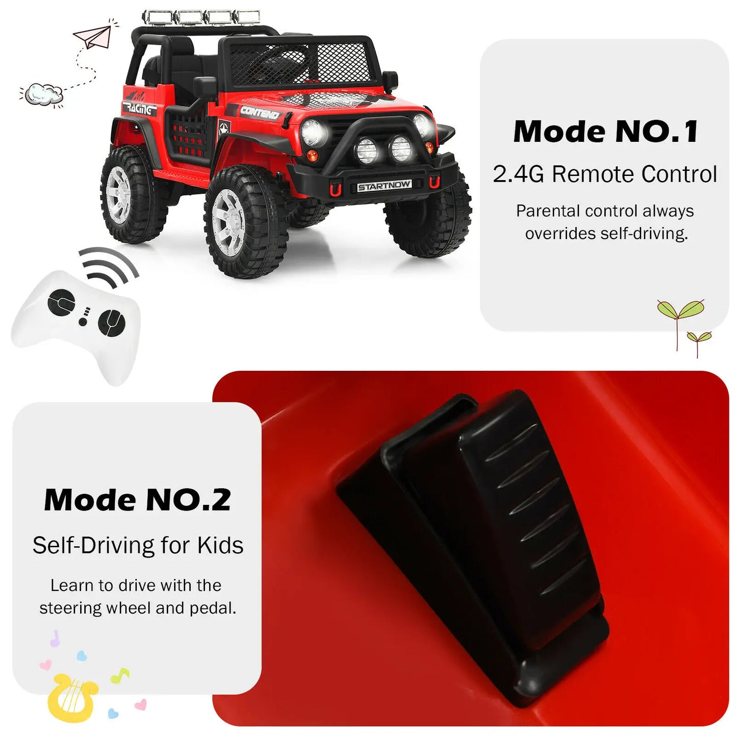 Offroad Jeep Style Electric 12v Kids Ride On with Remote Control, Accelerator Pedal, Media Center, 2 Forward Speeds & Reverse