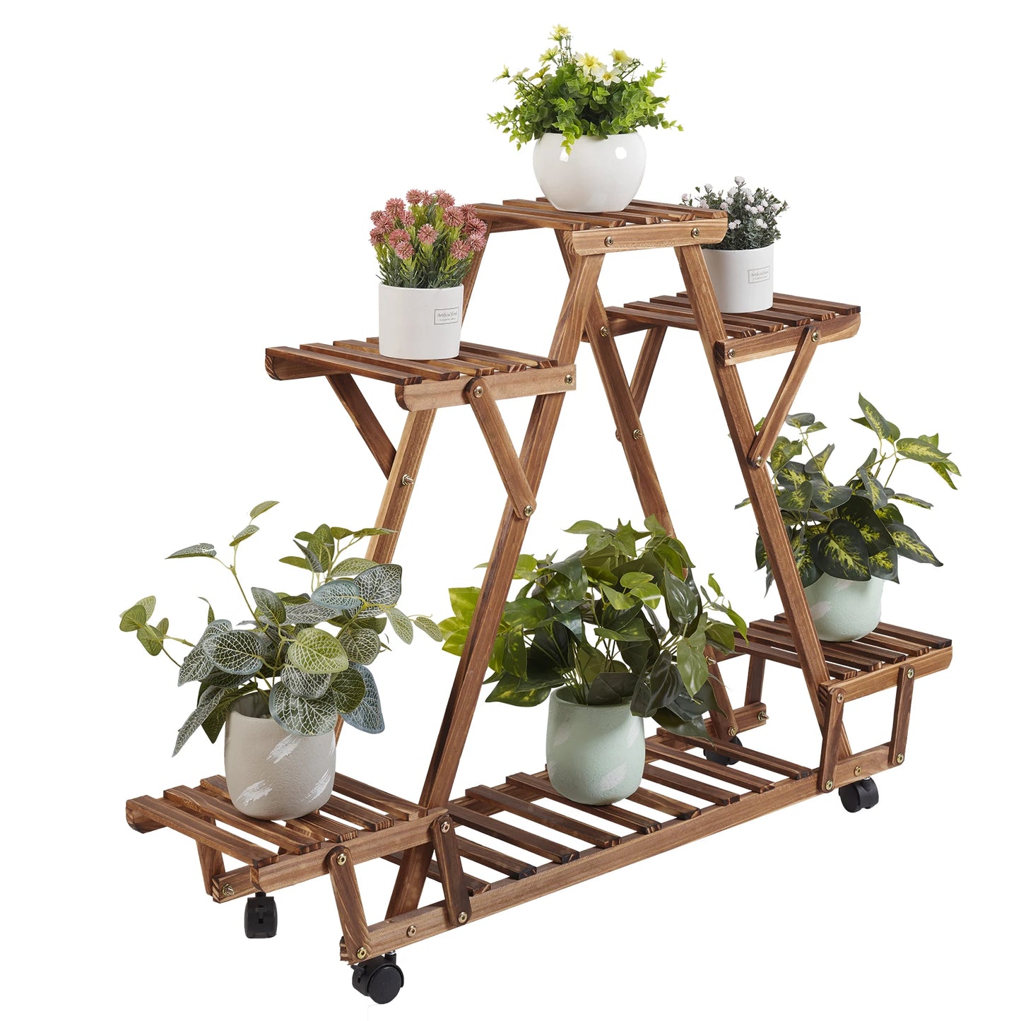 Triangular 6 Tiered Shelves Pinewood Plant/Flower Pot Stand with Wheels, Indoor or Outdoor