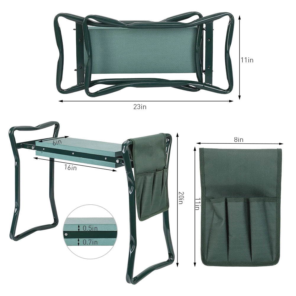 Portable Garden Kneeler / Padded Seat Stool with Tool Pouch, Folds Flat for Carrying & Storage