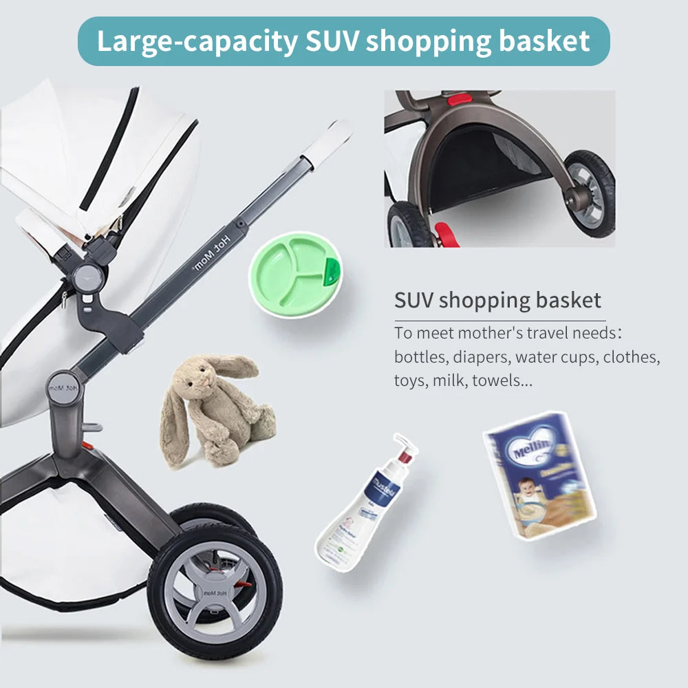 Luxury Baby Stroller with Adjustable Seat, Aluminum Frame, Solid Rubber Tires, Rain Cover, Mosquito Net & Large Storage Basket