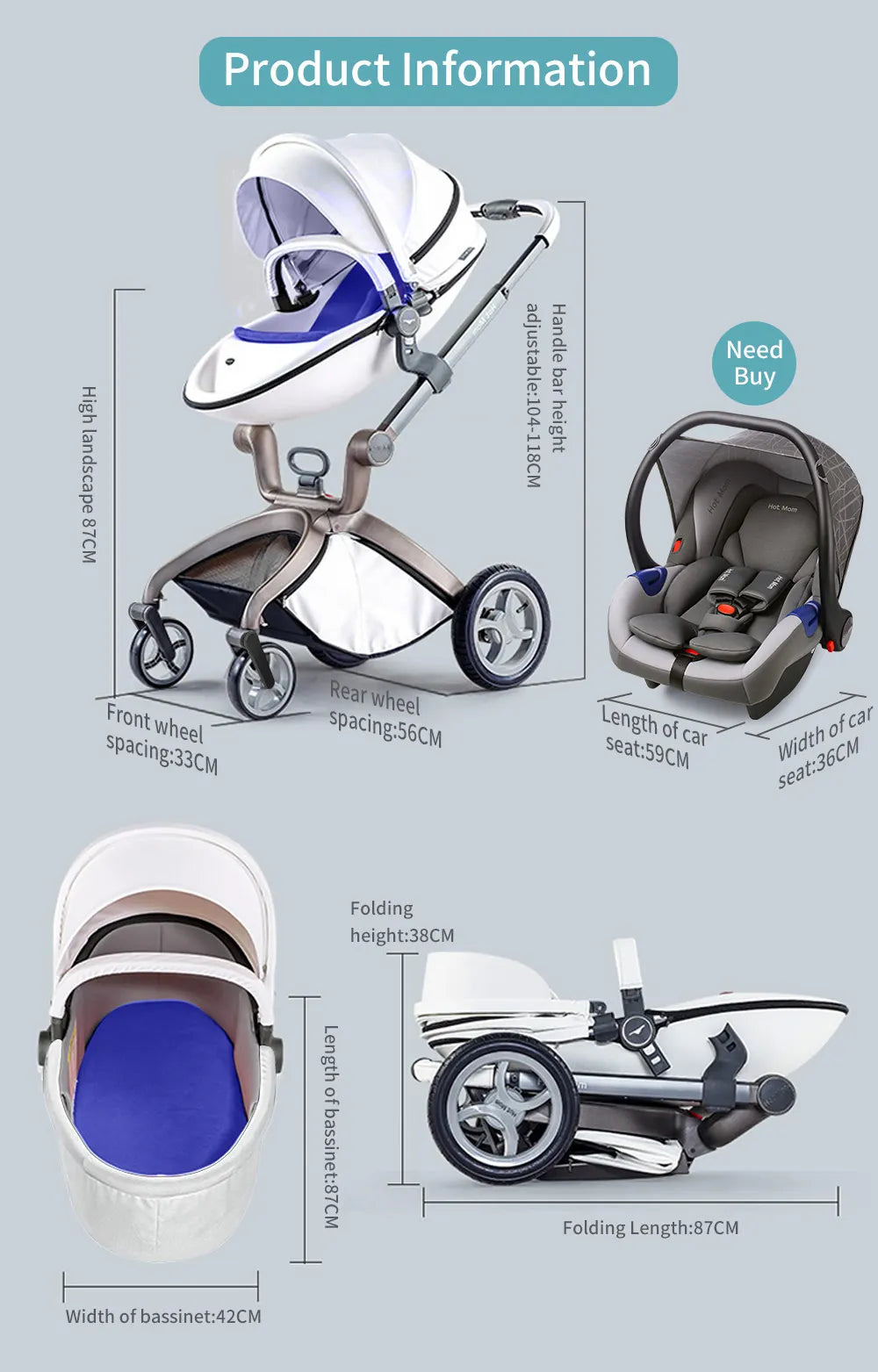 Luxury Baby Stroller with Adjustable Seat, Aluminum Frame, Solid Rubber Tires, Rain Cover, Mosquito Net & Large Storage Basket