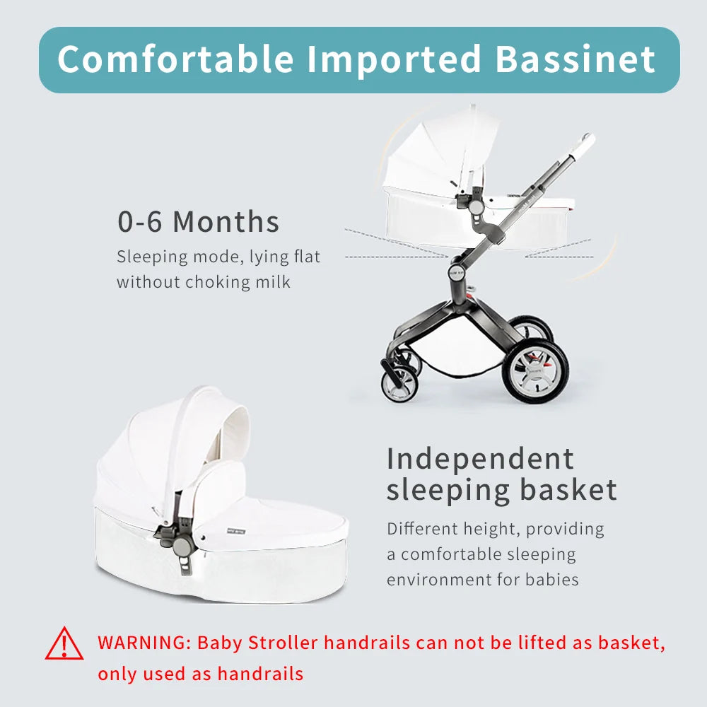 Luxury Baby Stroller with Adjustable Seat, Aluminum Frame, Solid Rubber Tires, Rain Cover, Mosquito Net & Large Storage Basket