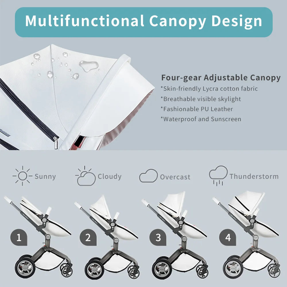 Luxury Baby Stroller with Adjustable Seat, Aluminum Frame, Solid Rubber Tires, Rain Cover, Mosquito Net & Large Storage Basket