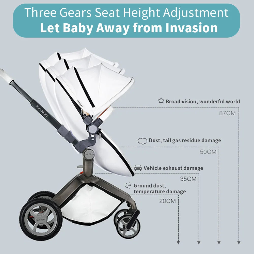 Luxury Baby Stroller with Adjustable Seat, Aluminum Frame, Solid Rubber Tires, Rain Cover, Mosquito Net & Large Storage Basket