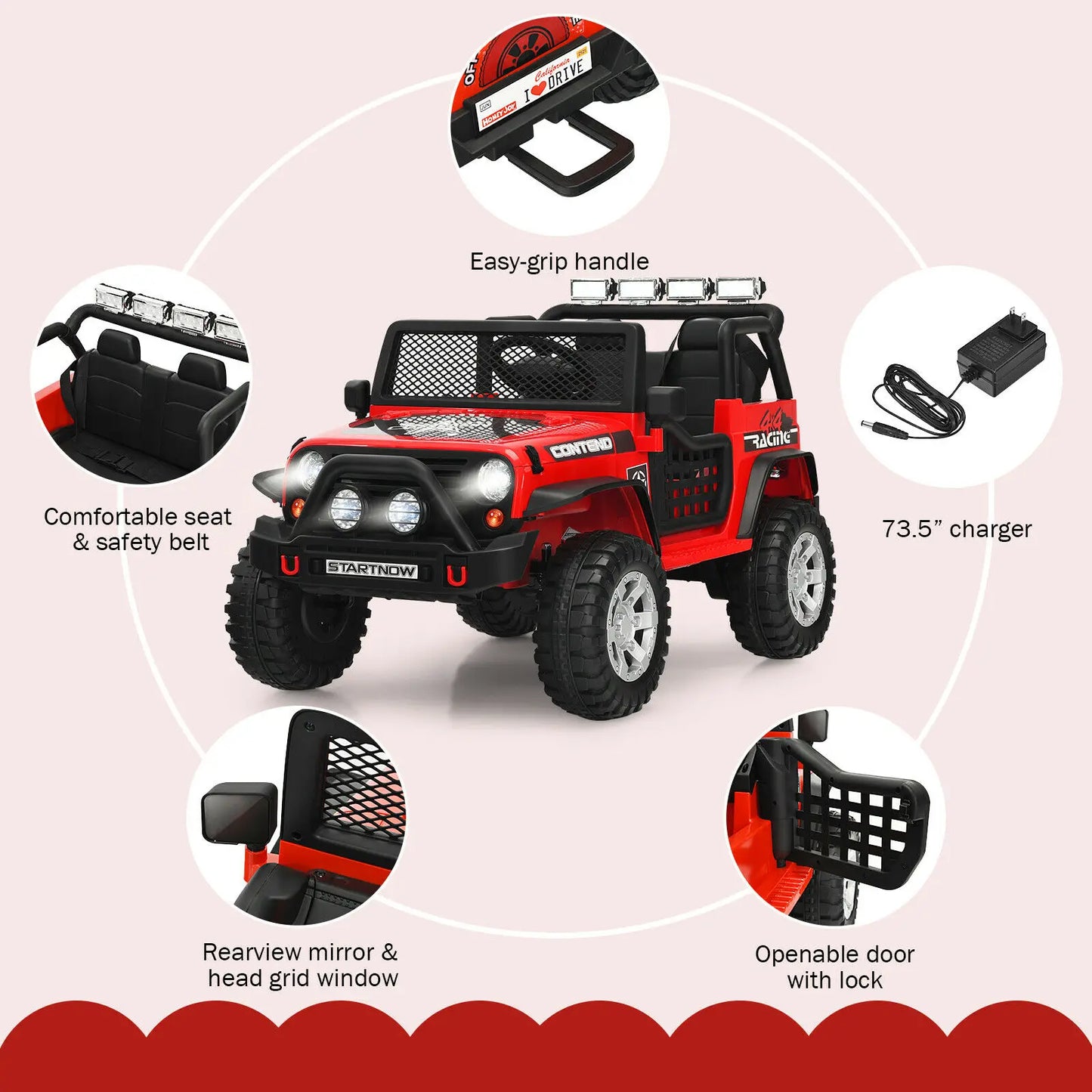 Offroad Jeep Style Electric 12v Kids Ride On with Remote Control, Accelerator Pedal, Media Center, 2 Forward Speeds & Reverse