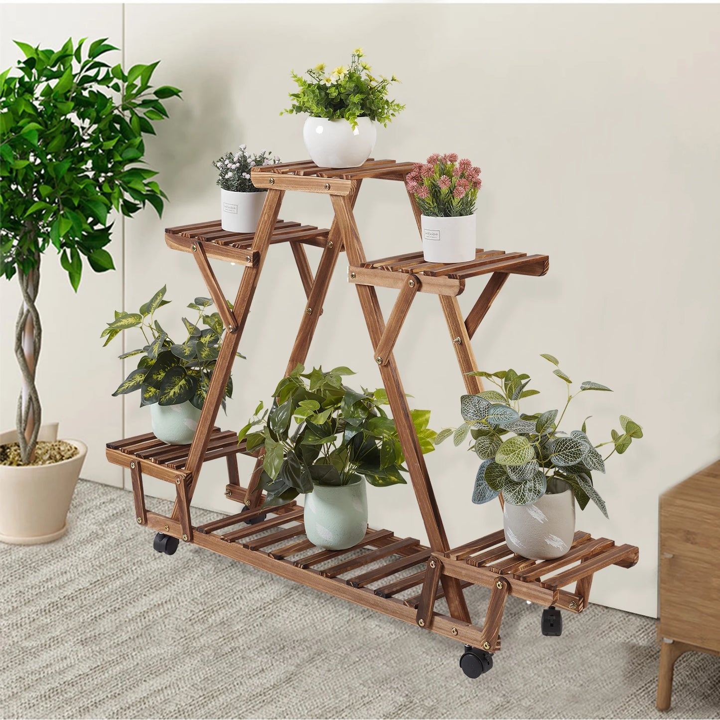 Triangular 6 Tiered Shelves Pinewood Plant/Flower Pot Stand with Wheels, Indoor or Outdoor