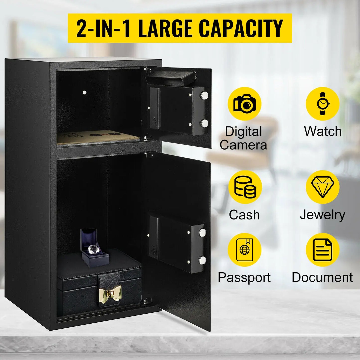 Heavy Duty Steel Double Door Security Box 33" with Two Unlocking Methods, Large Storage Capacity