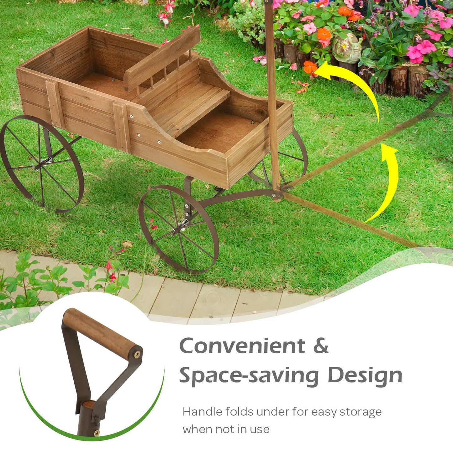 Wood Wagon Garden Planter with Wheels & Pull Handle, 2 Planting Sections