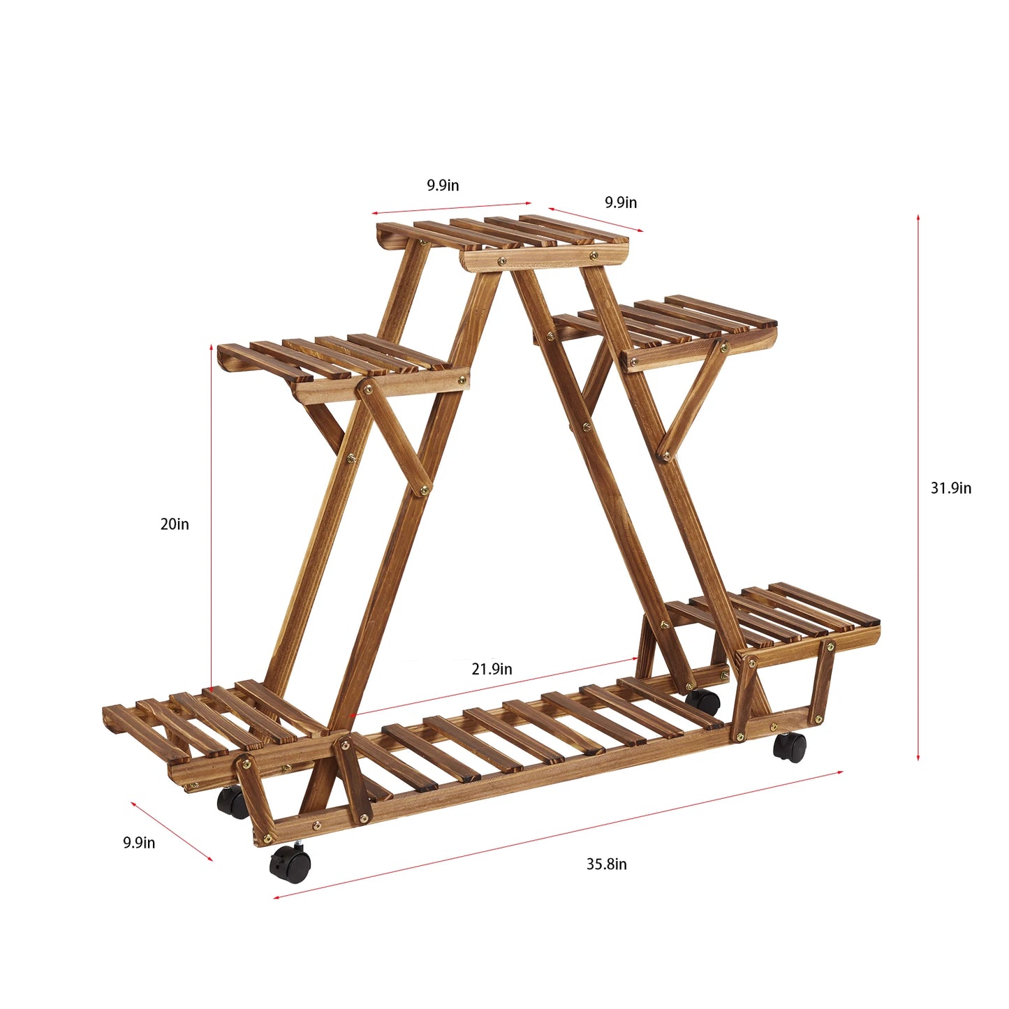 Triangular 6 Tiered Shelves Pinewood Plant/Flower Pot Stand with Wheels, Indoor or Outdoor