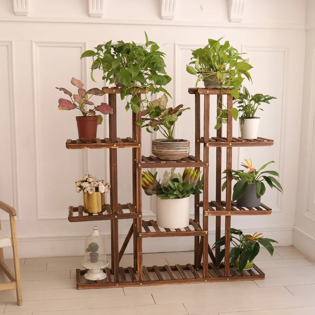 Multi-Tier Flower or Plant Stand, Wooden 46" Tall Display Storage Shelves for Indoors or Outdoors