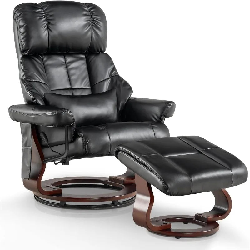 Swivel Recliner Chair & Ottoman with Remote Controlled Vibration Massage, Removable Lumbar Pillow & Ball-Bearing 360° Swivel Wood Base