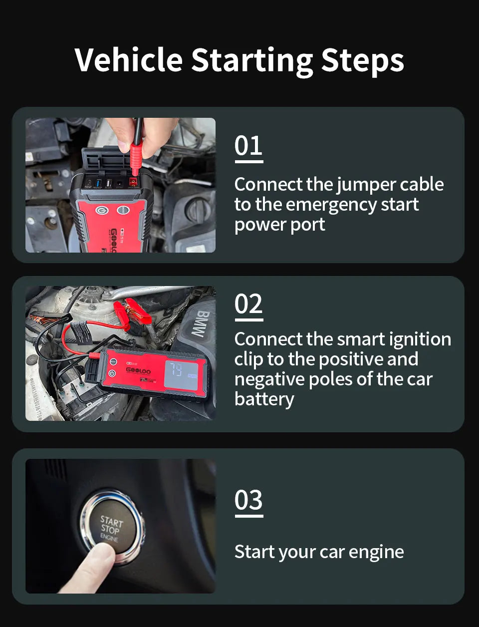 Automobile Jump Starter with 24000 mAh Power Bank, PD 100W Fast Charging, 3 LED Light Modes & 3.2” LED Screen, Operates at -40°F