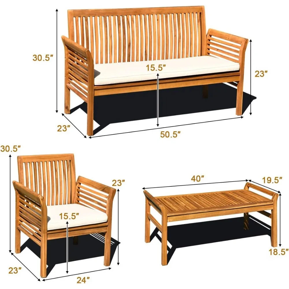 Acacia Wood 4 Piece Sofa Set; Coffee Table, 2 Single Chairs & Loveseat with Removable Covered Cushions