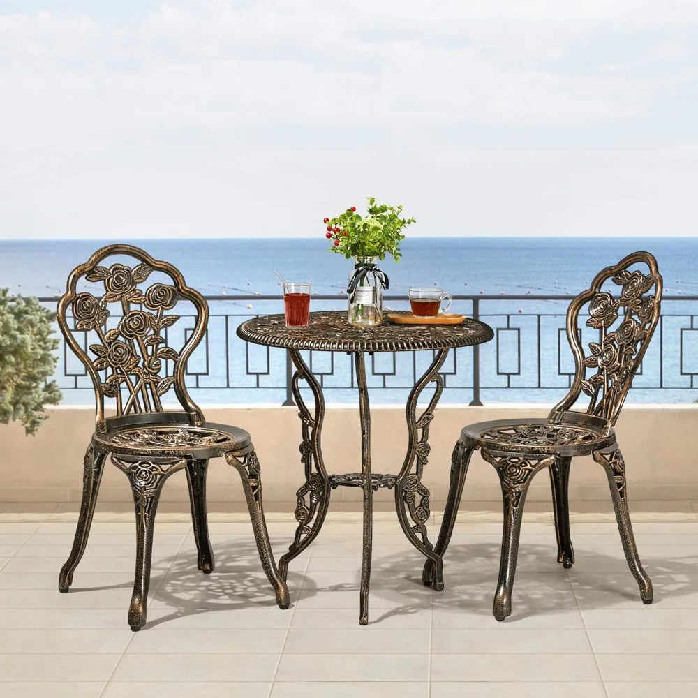 Rust-Resistant Cast Aluminum Table & Chairs, 3-Piece Outdoor Set, Vintage Rose Design, Chairs Feature Concave Seats & Foot Pads