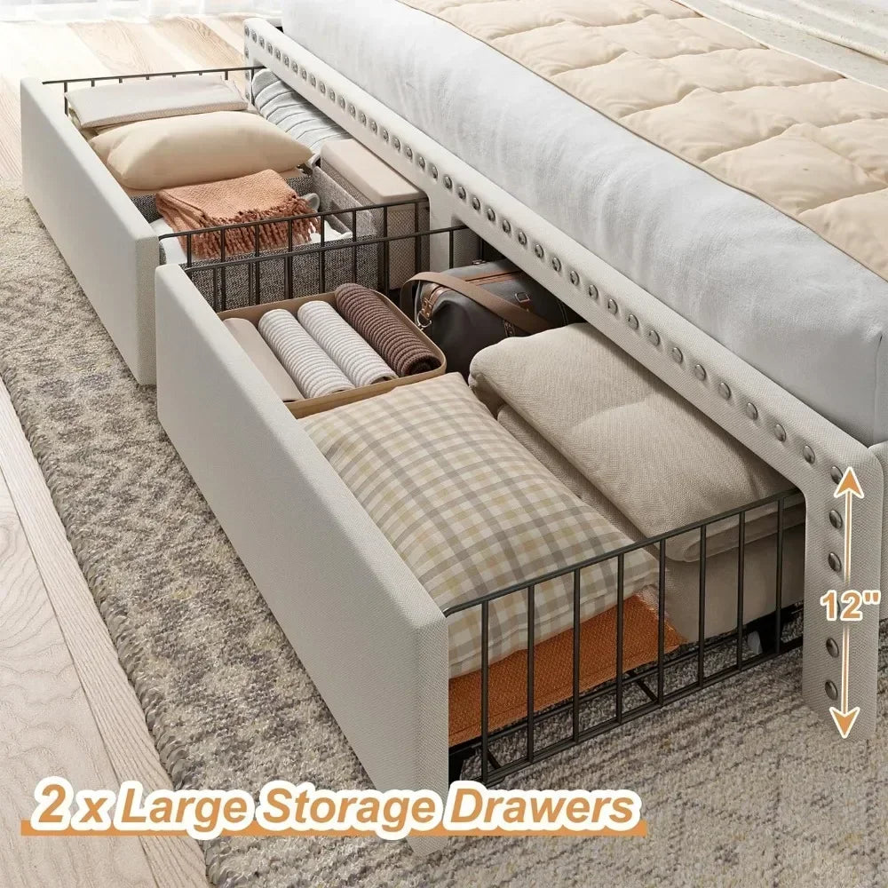 Queen Size Bed Frame with 2 Roll Out Drawers, Upholstered Headboard & Storage, No Box Spring Needed