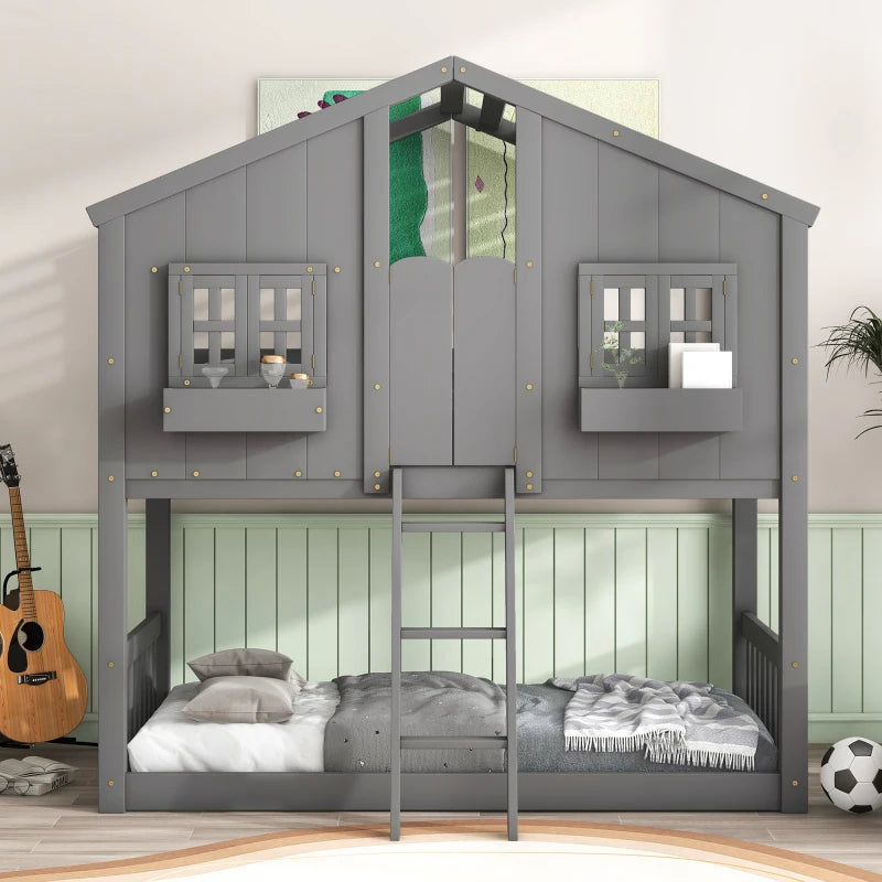 House Bunk Bed Twin over Twin with Roof, Windows, Window Boxes, Door, Ladder & Safety Guardrails