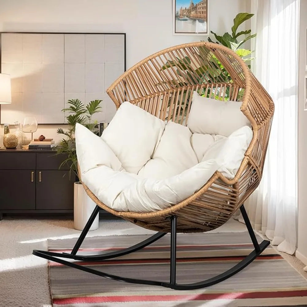 PE Rattan Wicker Rocker Egg Chair with Cushions, Oversized Patio Lounge Chair for Outdoors or Indoors