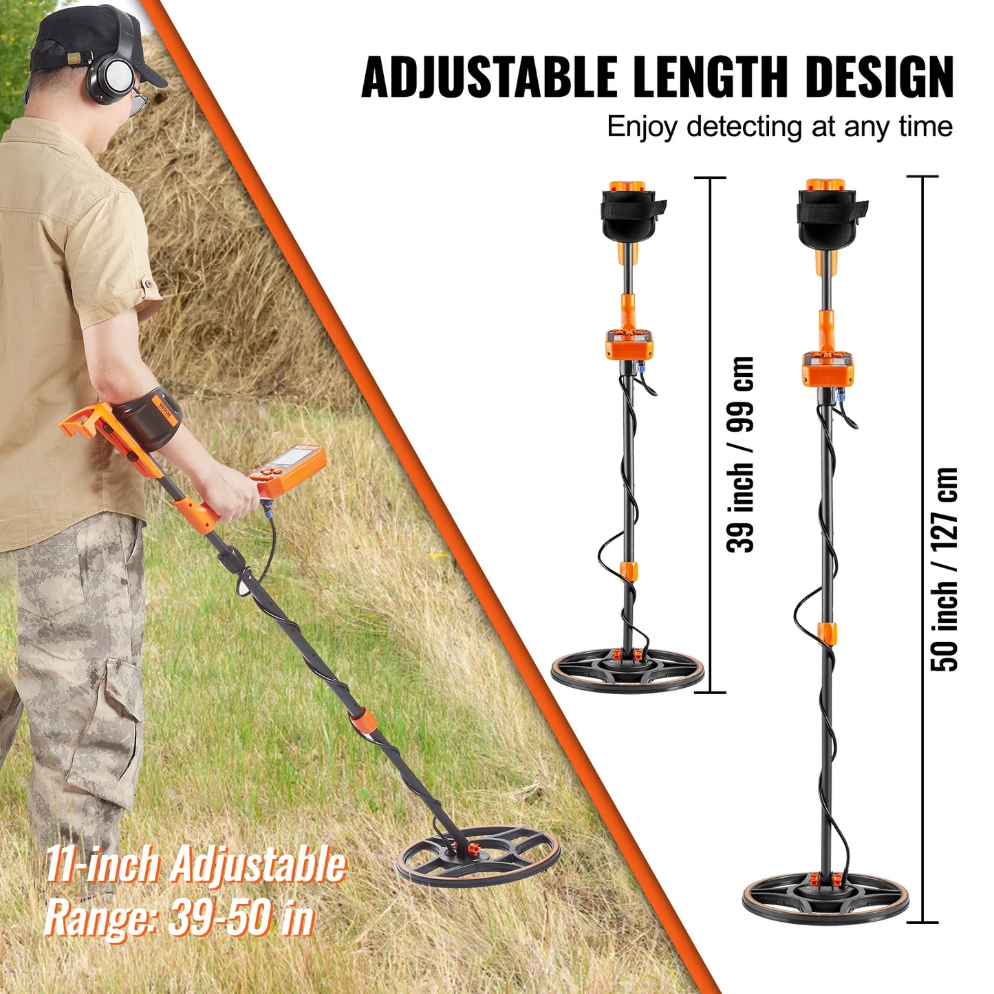 Rechargeable Metal Detector (12" Detection Depth) with IP68 Waterproof Coil, 39"-50" Adjustable Handle & LCD 7 Modes