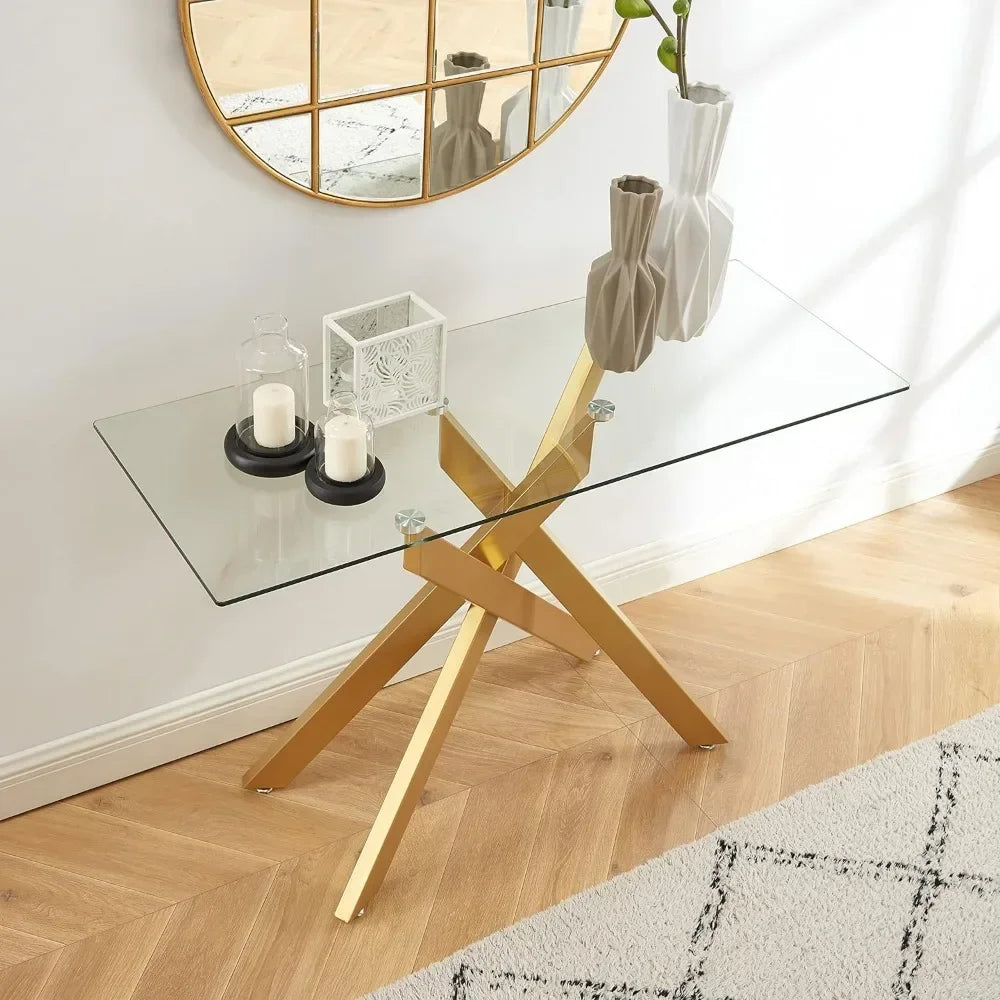 Geometric Design Narrow Sofa Table with 8mm Thick Tempered Glass Top & Metal Tubular Legs