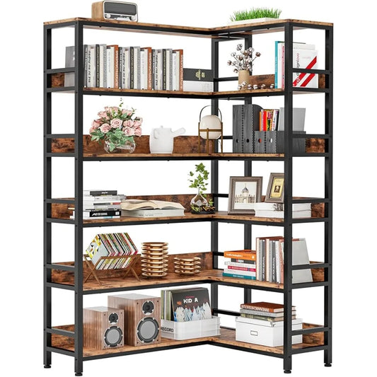 Metal Frame Industrial Bookshelves, 78" Tall 6-Tier Corner Bookcase with 12 Shelves & Wood Baffles