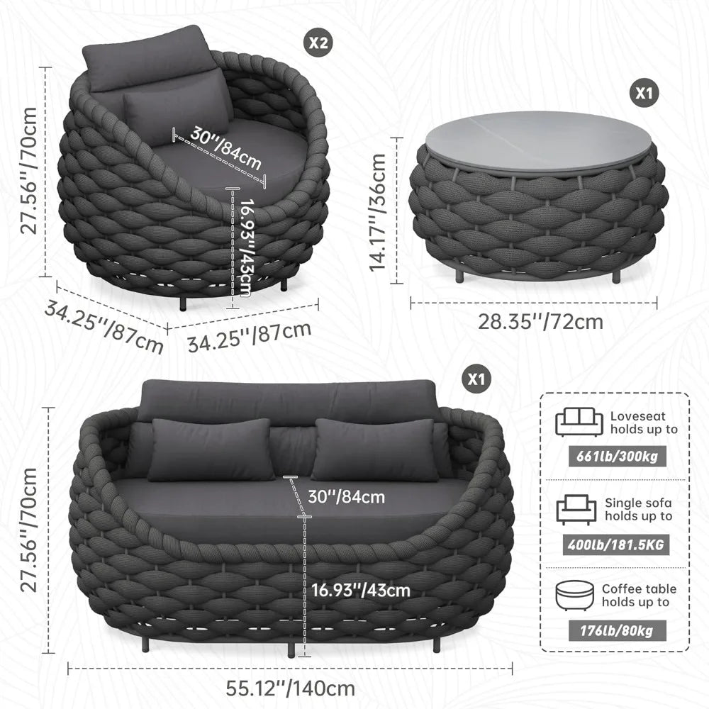 Outdoor Terrace 4-Piece Sofa Set with Aluminum Frame, Handwoven Polyester Braided Ropes, Sintered Stone Tabletop & Zippered Cushions