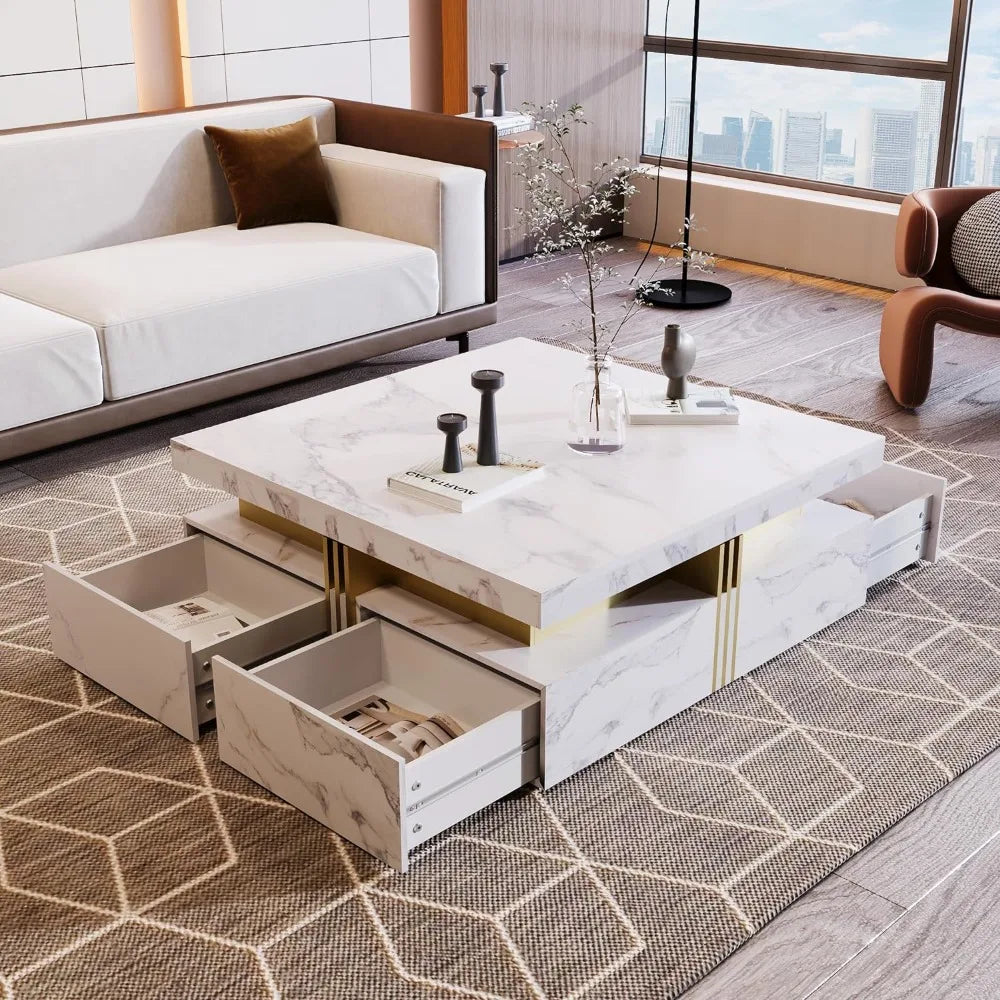 Low Profile Square Coffee Table with 4 Spacious Drawers and a Chic Marble Pattern