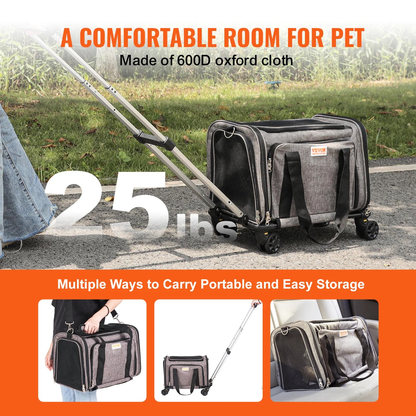 Rolling Pet Carrier with Telescopic Handle, Cat/Dog Backpack & Shoulder Strap for Travel, Breathable Mesh