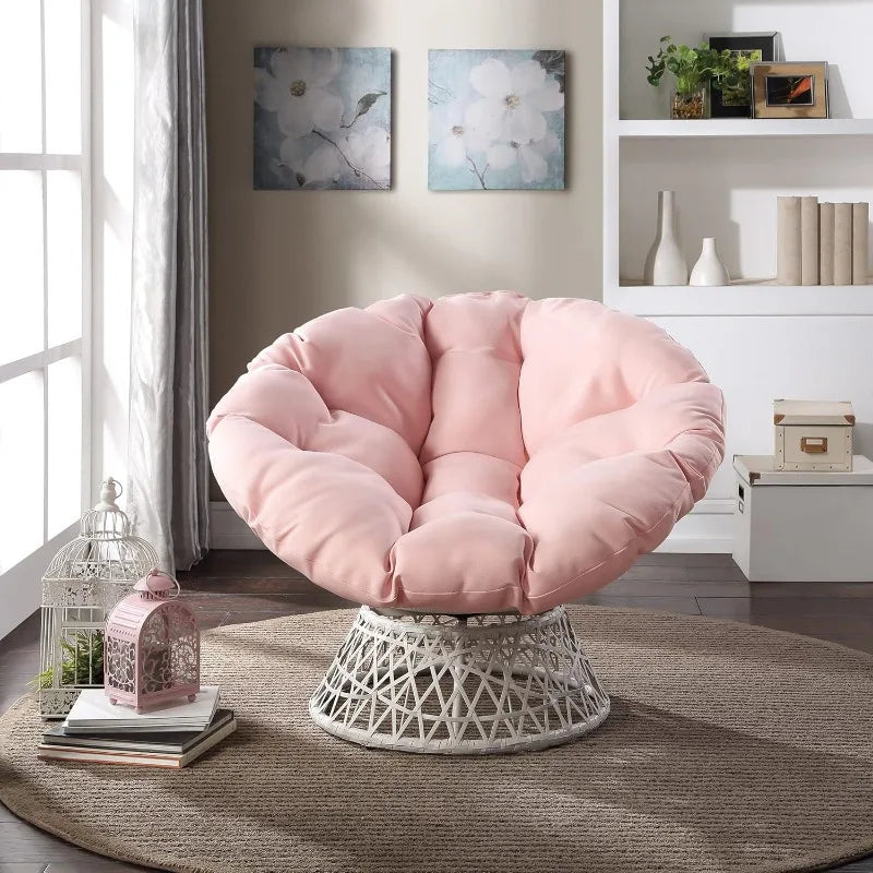 Cream-Framed Resin Wicker Lounge Chair with 360° Swivel & Fluffy Pink Tufted Cushion