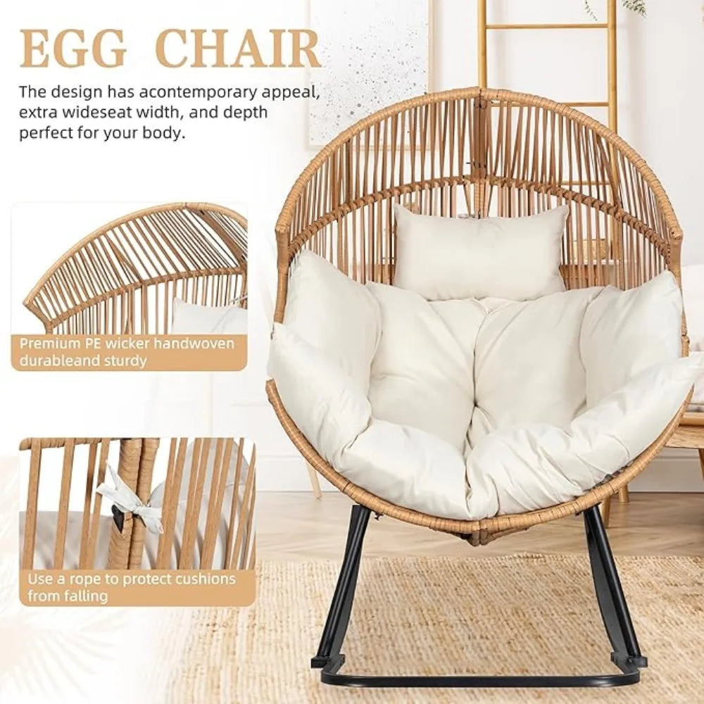 PE Rattan Wicker Rocker Egg Chair with Cushions, Oversized Patio Lounge Chair for Outdoors or Indoors