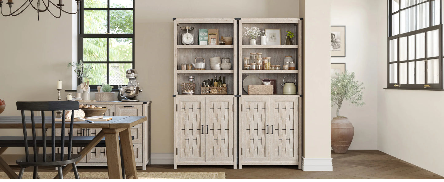 Pantry Storage Cabinet 72” Tall with 2 Doors, Removable & Adjustable 6-Tier Shelves, Farmhouse Style with a Unique Wicker-Inspired Design