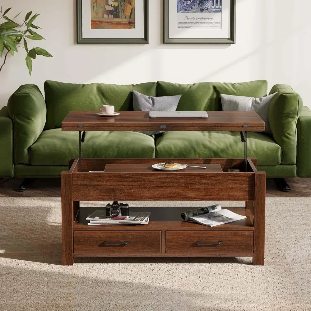 Split Lift Top Coffee Table with 3 Hidden Storage Areas & 2 Sliding Drawers, Multi-Functional Table for Small Rooms