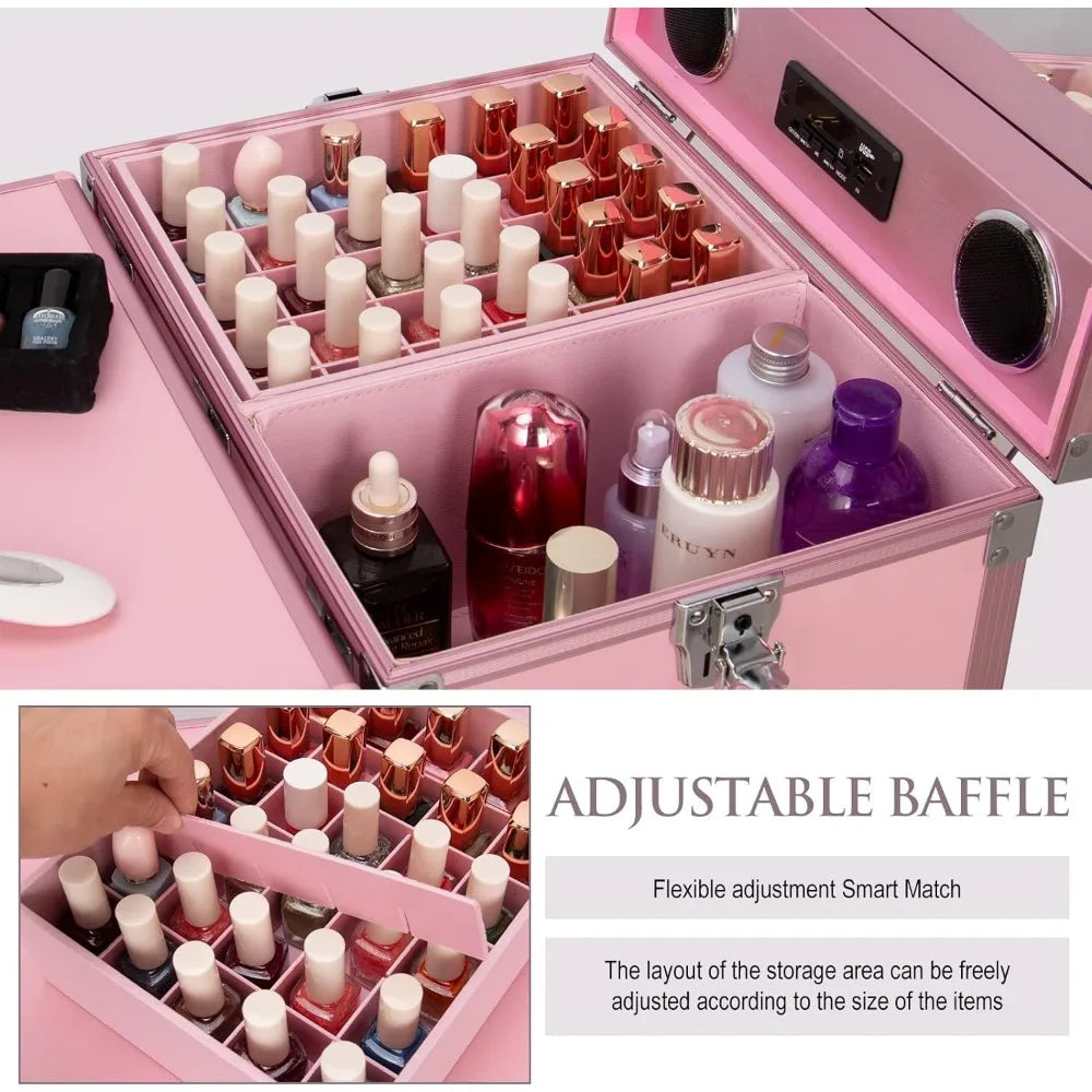 Manicure Traveling Storage Case with Foldable Table, Mirror & Built in Speaker, 3 Colors